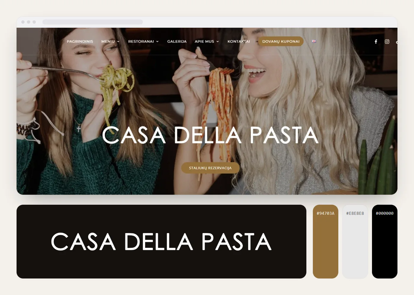 Casa Della Pasta: svetainės vaizdas, logotipas ir spalvos