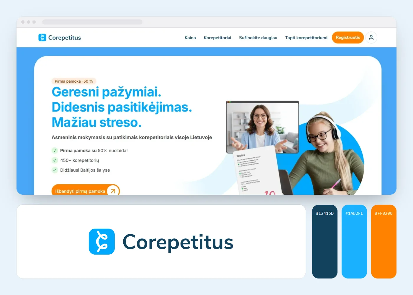 Corepetitus: svetainės vaizdas, logotipas ir spalvos
