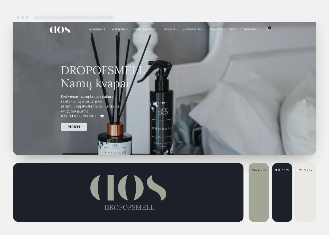 Dropofsmell: svetainės vaizdas, logotipas ir spalvos