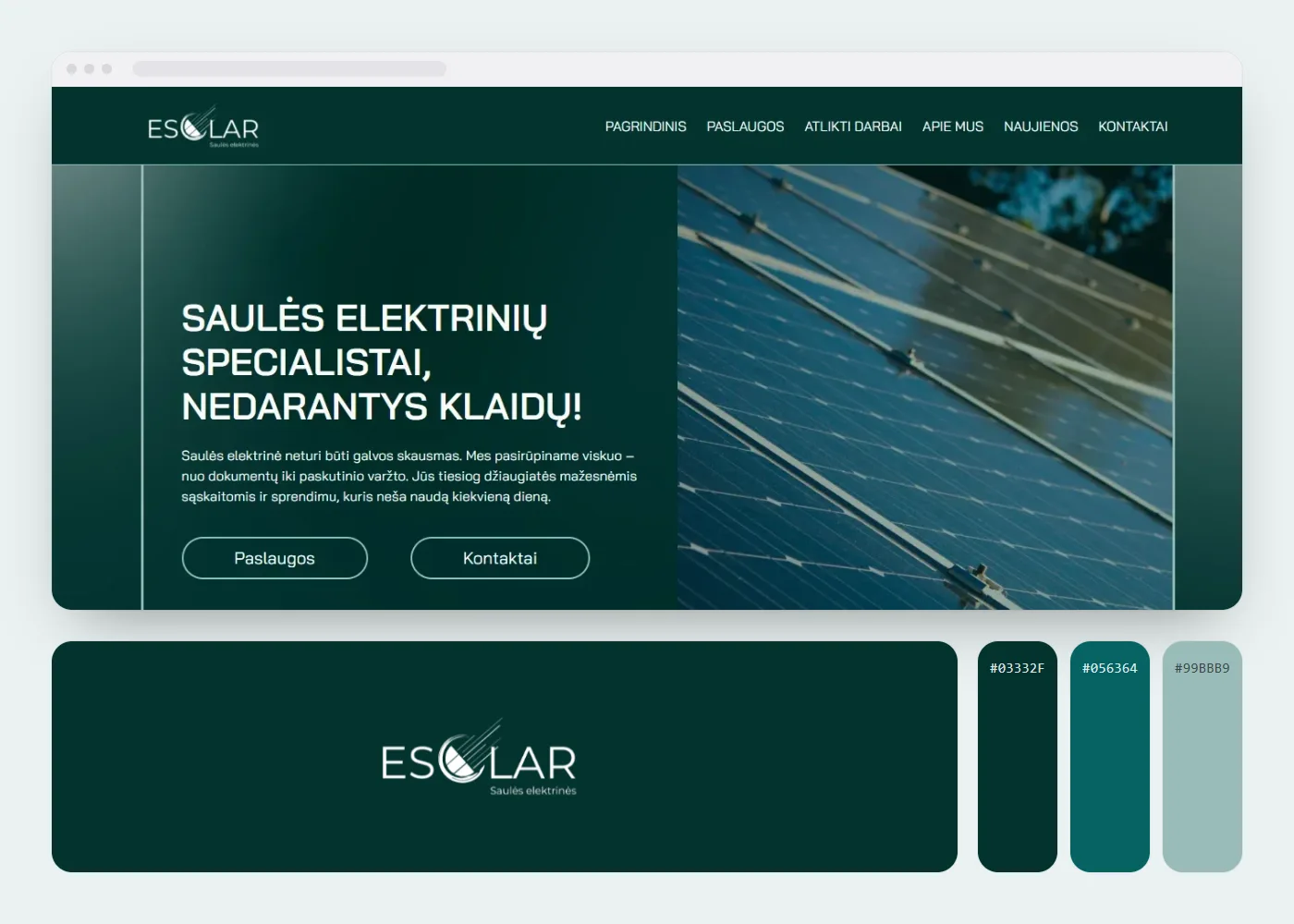 Esolar: svetainės vaizdas, logotipas ir spalvos