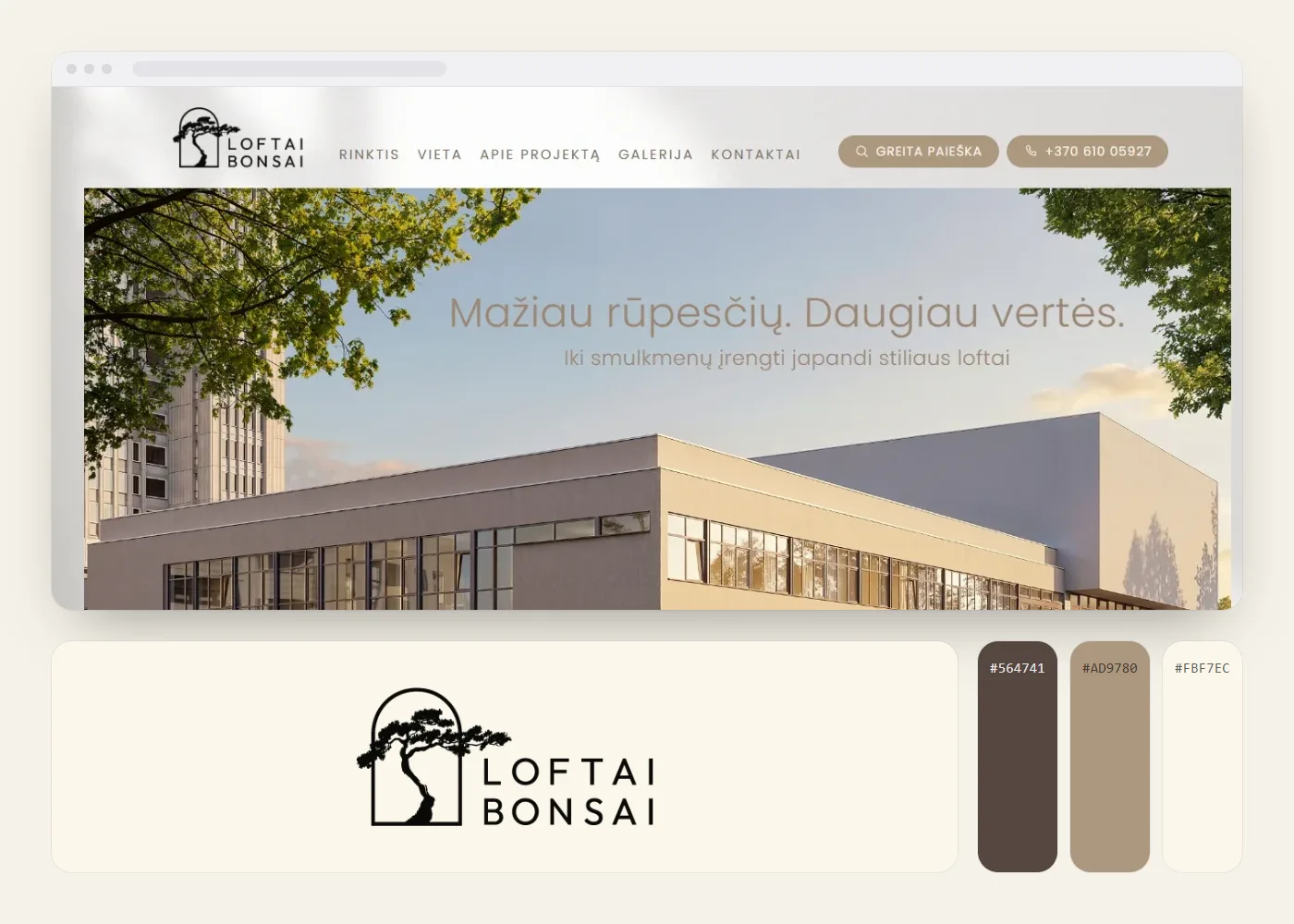 Loftai Bonsai: svetainės vaizdas, logotipas ir spalvos