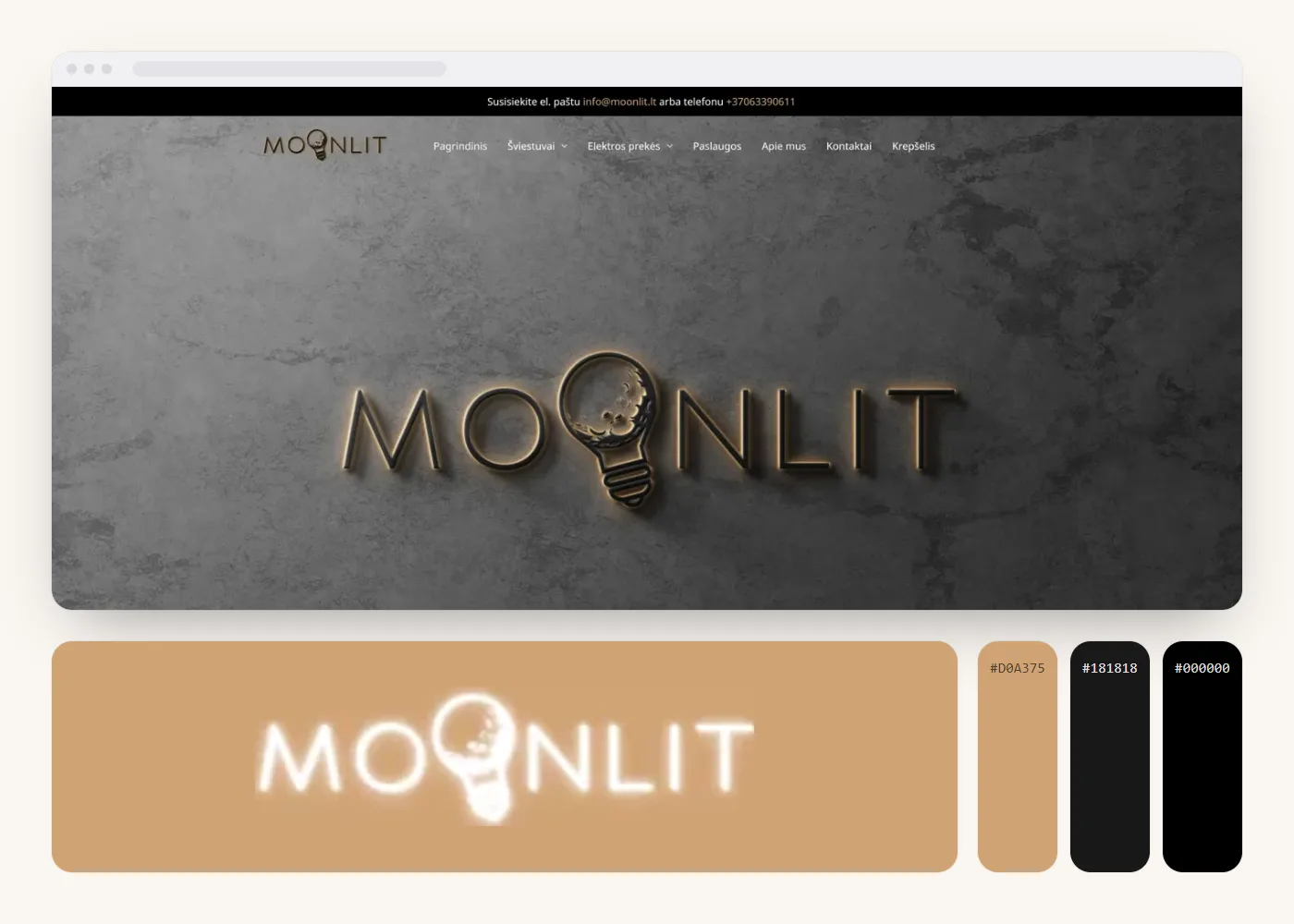 Moonlit: svetainės vaizdas, logotipas ir spalvos