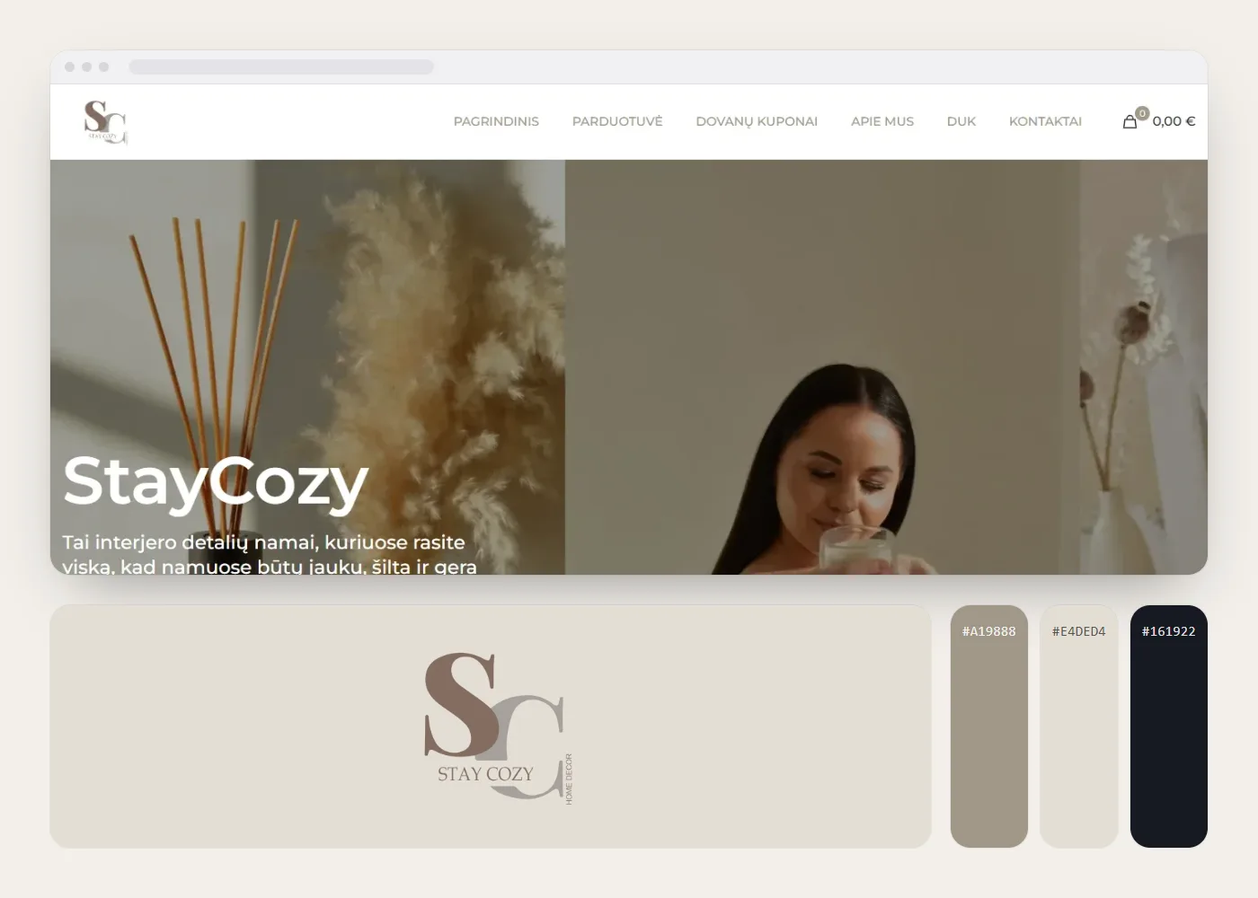 StayCozy: svetainės vaizdas, logotipas ir spalvos
