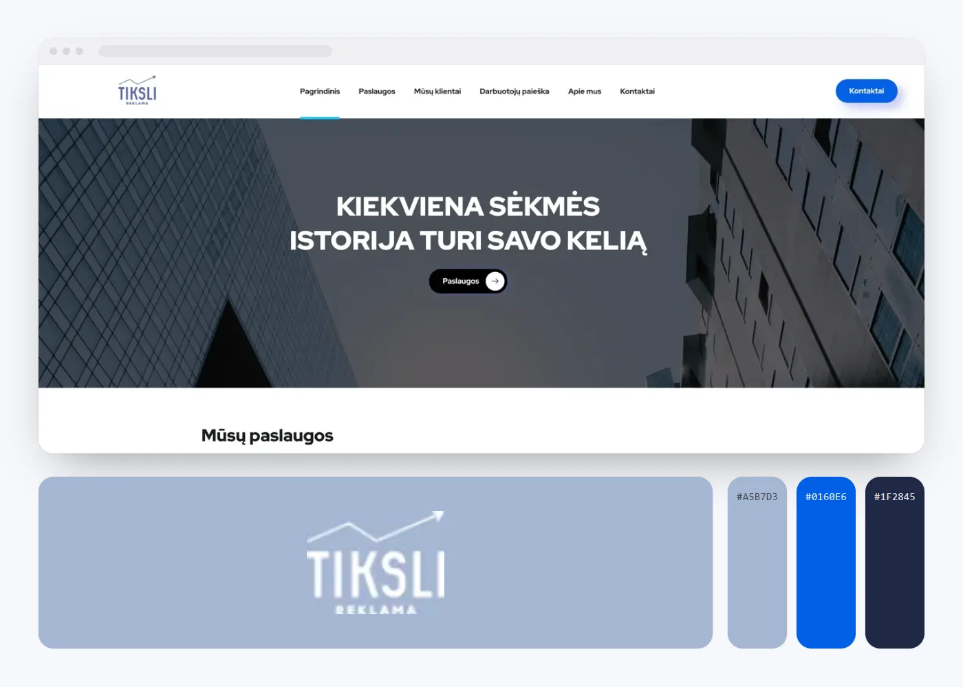 Tiksli Reklama: svetainės vaizdas, logotipas ir spalvos