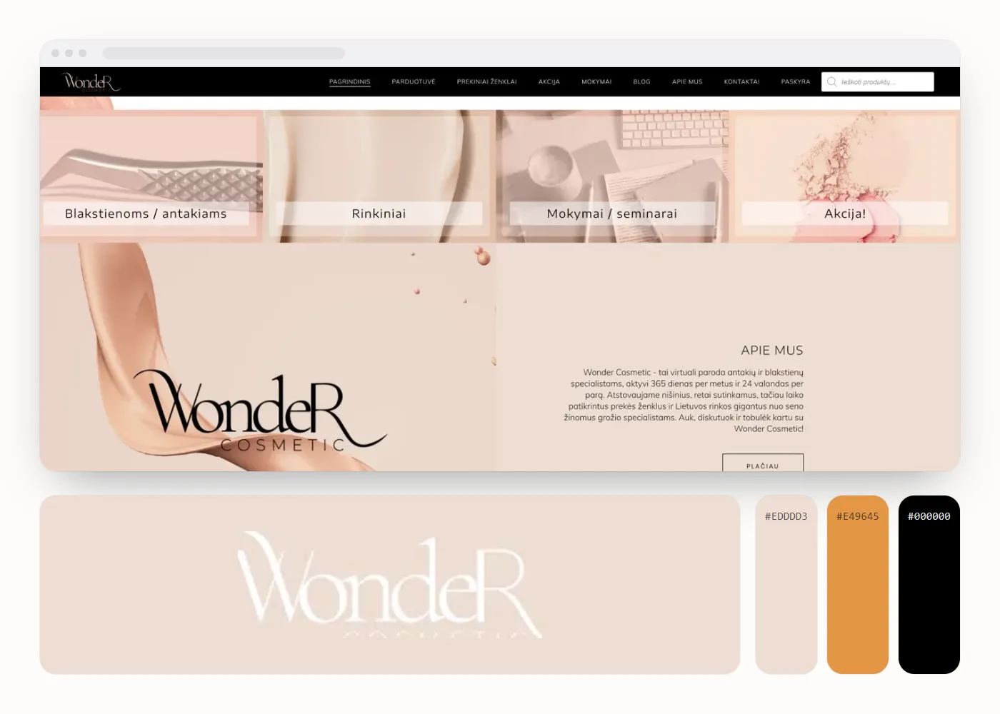 Wonder Cosmetic: svetainės vaizdas, logotipas ir spalvos